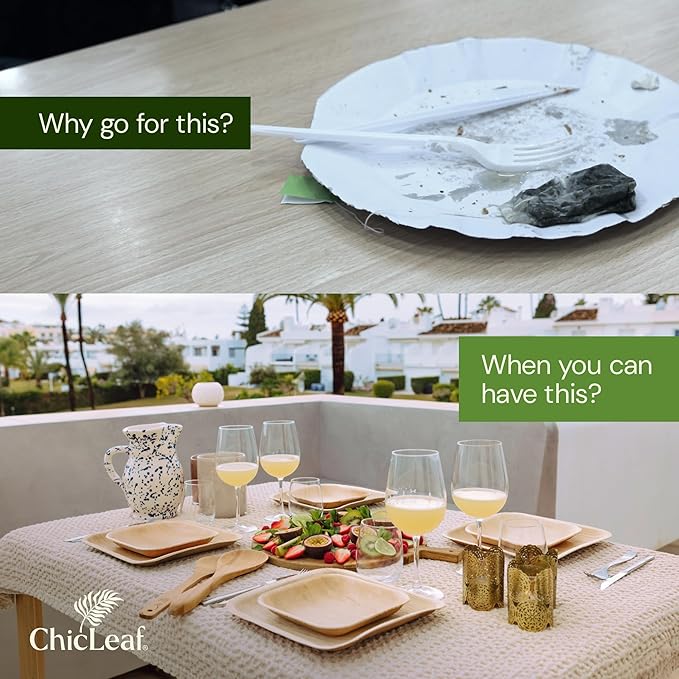 Chic Leaf Palm Leaf Compostable Plates - 6" Square, Pack of 50 - Disposable Dinnerware - Rustic Bamboo Appetizer Plates - Charcuterie Boards & Biodegradable Serviceware
