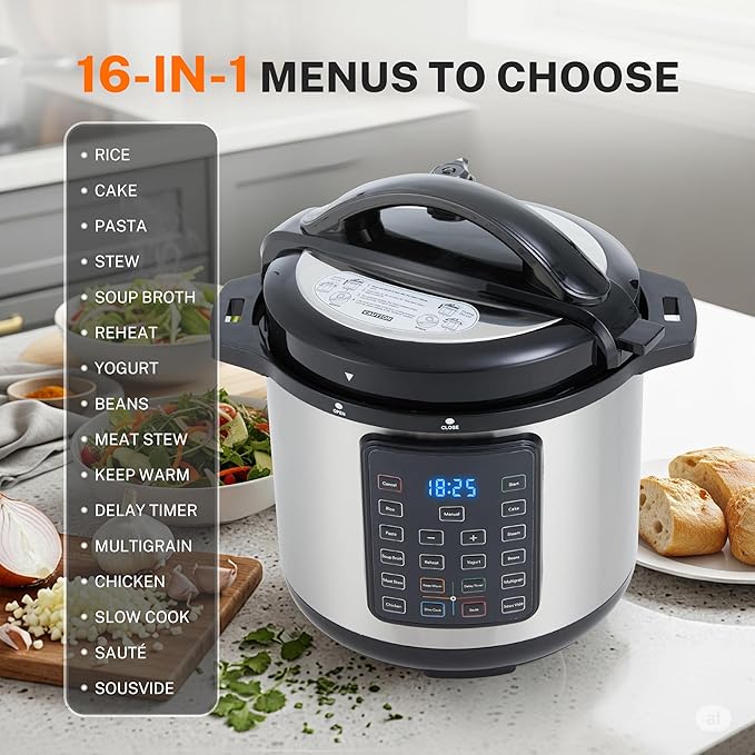 Simple Deluxe Electric Pressure Cooker, Non-Stick 16-in-1 & 8QT Stainless Steel Multi Cooker for Slow Cook, Meat Stew, Cake, Pasta, Multigrain, Dishwasher Safe, Silver
