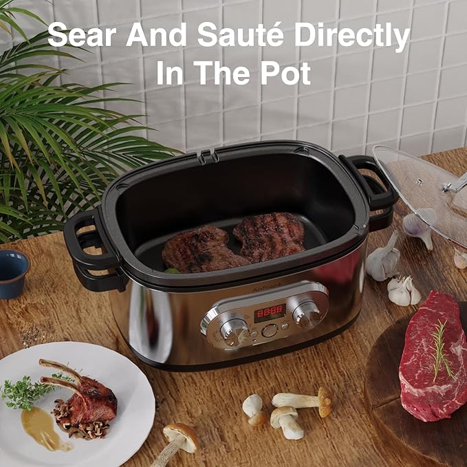 10-in-1 Programmable Slow Cooker with Timer, 6.8 Quart Crock Pot, Presets to Sous Vide, Bake, Sauté, Cook Rice& More, Nonstick Dishwasher-Safe Pot, Adjustable Temp&Time, Stainless Steel
