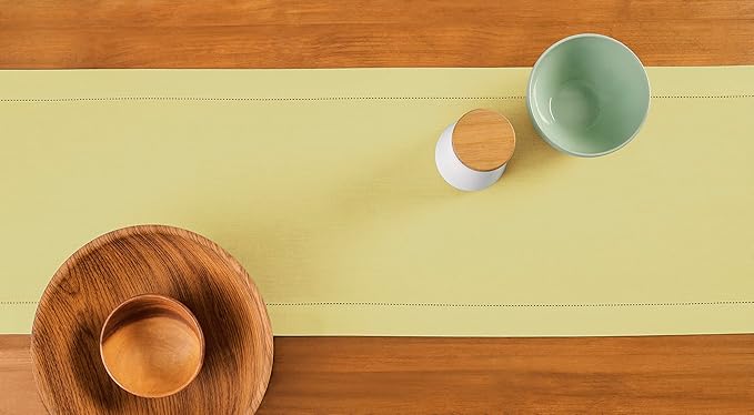 Solino Home Yellow Table Runner 60 Inches - Cotton Linen Hemstitch Coffee Table Runner 14 x 60 Inch Ideal for Dresser Tables - Summer