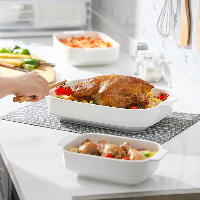 MALACASA Casserole Dishes for Oven, Porcelain Baking Dishes Set of 3, Durable Casserole Dish Set Lasagna Pan Deep, Ceramic Bakeware Sets with Handles, White (13.8''/11.7''/9.4''), Series Bake
