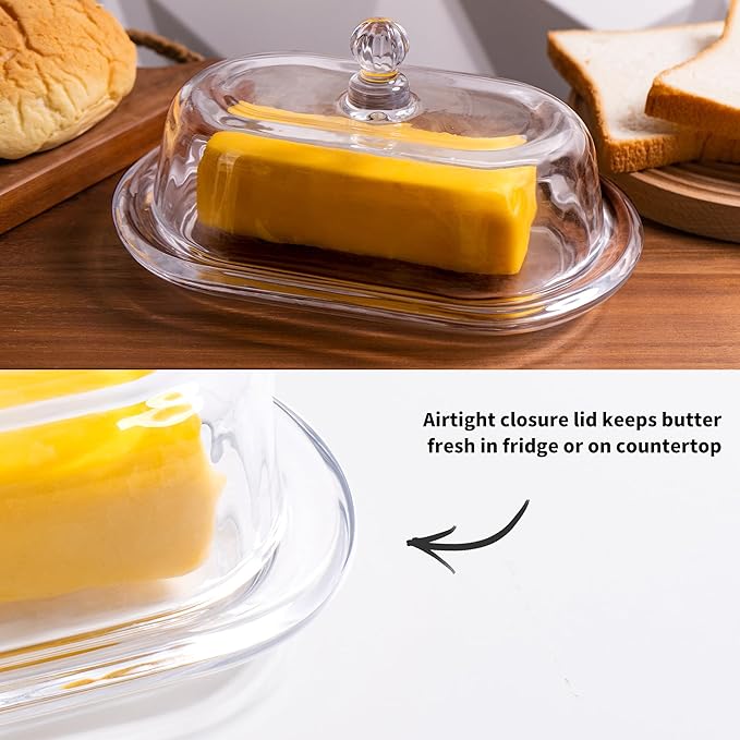 7.5" Large Glass Butter Dish with Cover, Clear Crystal Glass Butter Holder Tray with Lid for Countertop Fridge