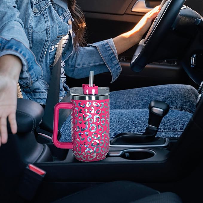 sweet grain 40 oz Tumbler with Handle and Straw - Cheetah Print Stainless Steel Insulated Tumblers, Cupholder Friendly, Perfect Leopard Tumbler Gifts for Women Men - Rose Red