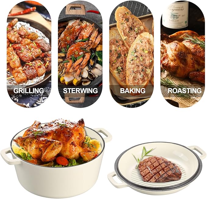 5Qt Dutch Oven, 2-In-1 Enamel Cast Iron Dutch Oven Pot with Skillet Lid, Heavy Duty Oven Safe Cookware for Sourdough Bread Baking Braising, Roasting Stewing Frying Simmering, Multi Stoves, Easy Clean (White)