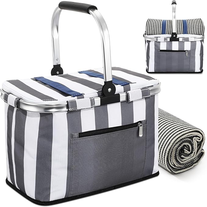 35L Large Insulated Picnic Basket with Blankets Kit Shopping Basket Cooler Bag Leakproof Collapsible Portable Suitable for Picnic Camping Work Hiking Food Delivery Gifts(Gray Stripes)