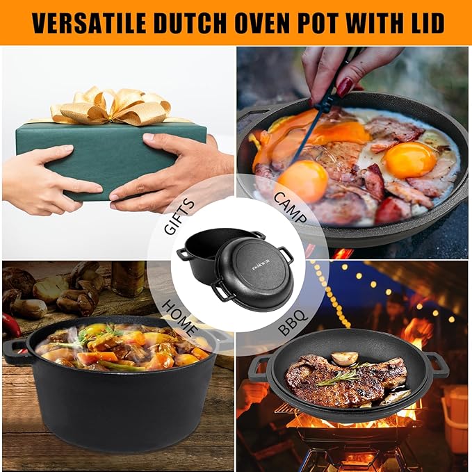 2-in-1 Dutch Oven,Cast Iron Dutch Ovens,Dutch Oven Pot,5.5 Quart Cast Iron Pots,Pre-Seasoned Dutch Oven with Pans Set,All-in-One Cookware Set for camping lodge or RV