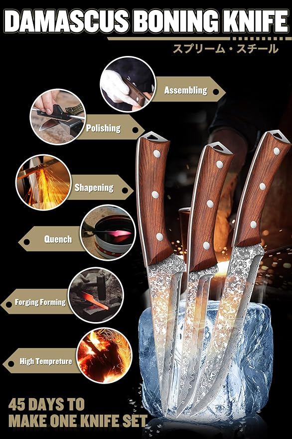 ROCOCO 3PCS Damascus Viking Boning Knife Set for Meat Cutting Deboning Brisket Trimming Fillet knives for Kitchen Camping BBQ Birthday Mothday's Day Gift