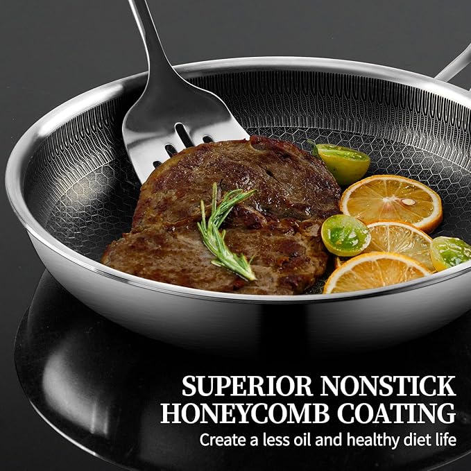 Stainless Steel Frying Pan with Lid - 9.5 Inch Nonstick Frying Pan with Lid, Honeycomb Stainless Steel Skillet Omelet Chef's Pan with Stay Cool Handle, Induction Compatible, PFOA Free