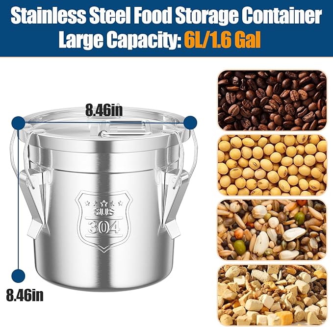 304 Stainless Steel Airtight Canister, 1.6Gal /203oz Airtight Food Storage Container with Lid and Lock Clips, Large Metal Pantry Storage Canister for Coffee Beans, Flour, Tea, Sugar, Cereals, 6L