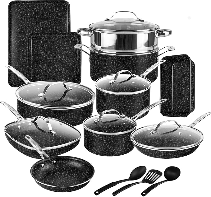 GRANITESTONE 20 Pc Complete Pots and Pans Set Non Stick Cookware Set with Deep Frying Pan Set, Bakeware, Steamer, Cooking Utensils, Non Toxic PFOA PFOS Free, Oven and Dishwasher Safe