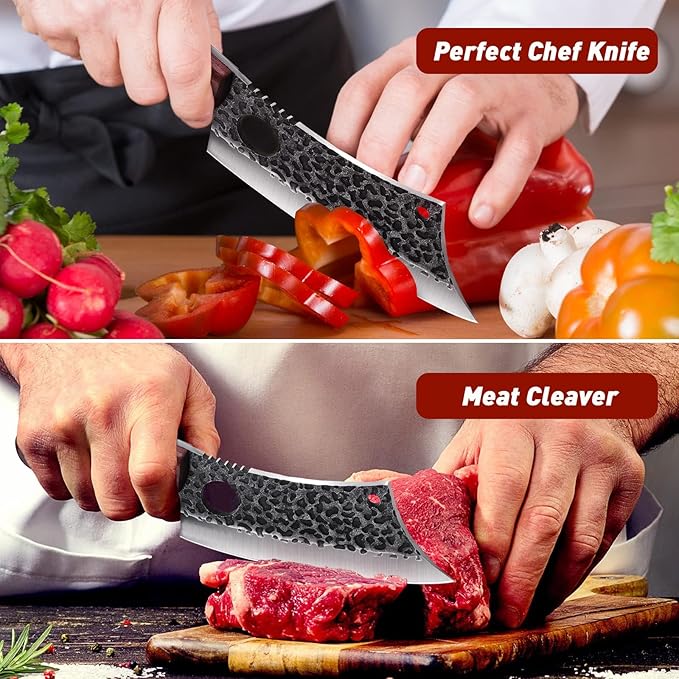 ROCOCO 3PCS Butcher Cleaver Knife Set for Meat Cutting Serbian Chef Knife Viking Boning Cleaver with Sheaths for Kitchen Outdoor BBQ Camping Birthday Father Mother Christmas Gift Idea Men