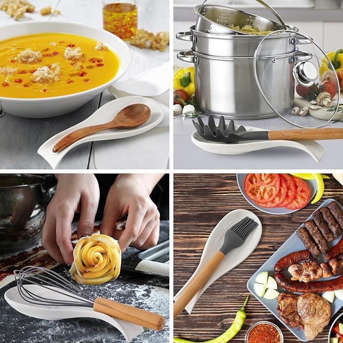 Hasense Spoon Rest for Stove Top, Cooking Spoon Holder for Kitchen Counter, Porcelain Utensil Rest for Spatula, Ladle and Tong, Modern Classic Kitchen Coffee Bar Decor, White