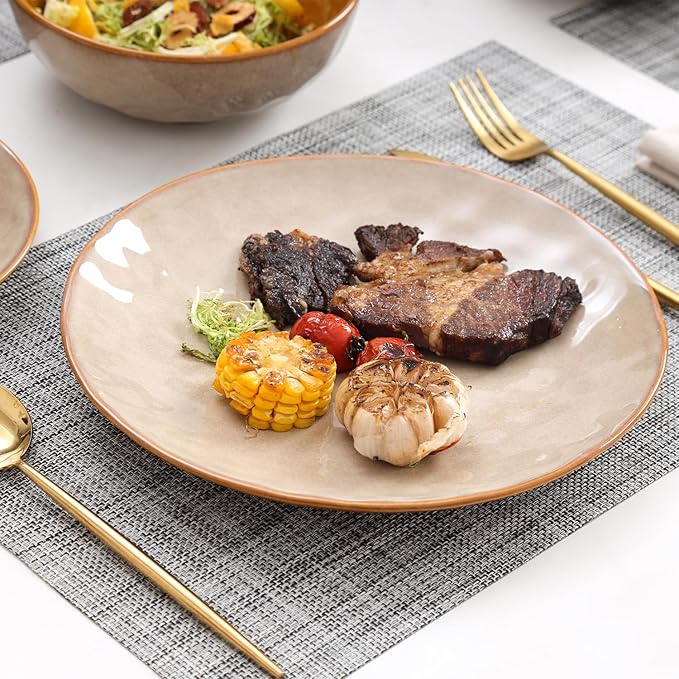 vicrays Ceramic Dinner Plates Set, 10.5 Inch, Set of 6, Round, Microwave, Oven, Dishwasher Safe, Porcelain Fluted Suitable for Steak, Pasta, Pizza, Home, Party, Restaurant (Beige)