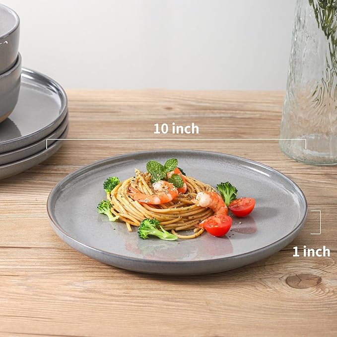Ceramic Dinner Plates Set of 4,Stoneware 10 Inch,Microwave,Dishwasher and Oven Safe,Porcelain Dessert Plates for Pasta,Salad and Steak,Dishes Set for Kitchen,Scratch Resistant,Gray