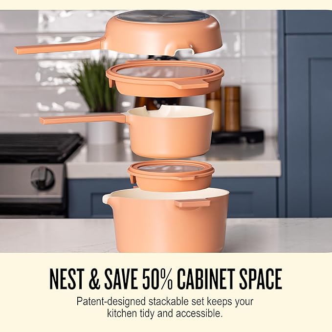 Alva Neat 5-Piece Nesting Cookware Set – Stackable Nonstick Pots & Pans with Universal Lids, Space-Saving Design for Apartments, RVs & Compact Storage - Save 50% Cabinet Space