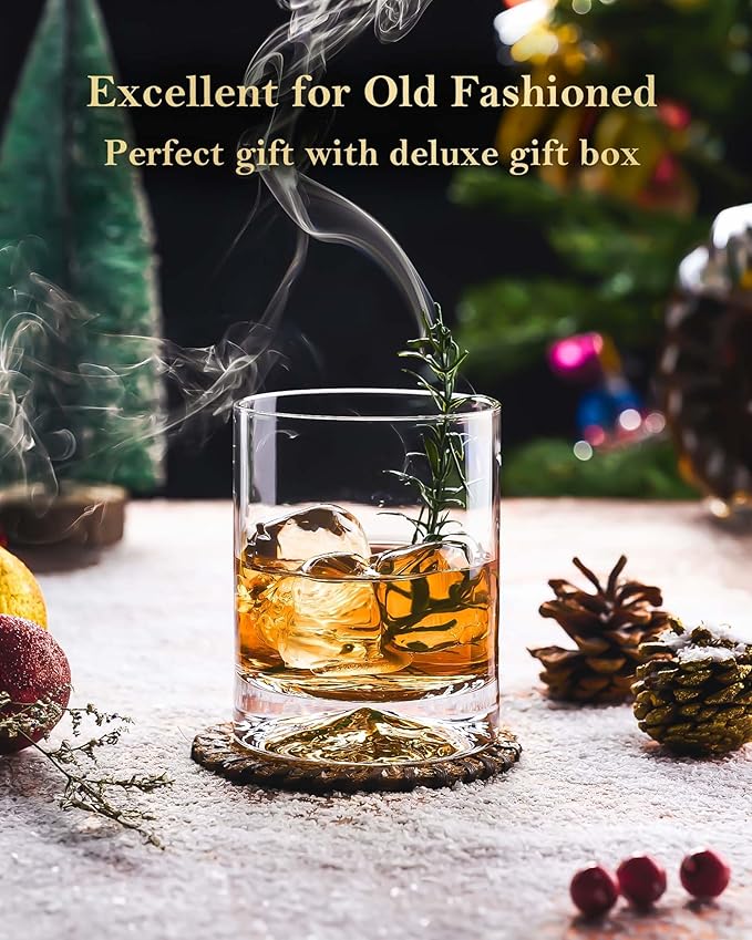 JBHO Hand Blown Crystal Double Old Fashioned Cocktail, Solid Whiskey Glasses, Rocks Glasses, Lowball Glasses - 12 Ounce - set of 2 - Perfect Size for Oversized Ice Cubes