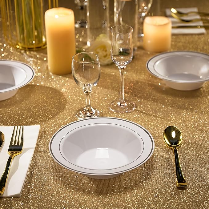 JOLLY PARTY 50 Plastic Bowls with Silver Rim-12oz Disposable Soup Bowls, Christmas Thanksgiving Premium Heavy Duty Plastic Dessert Bowls for Wedding/Party, Silver