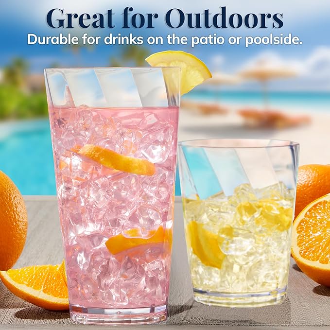 US Acrylic Optix Plastic Reusable Drinking Glasses (Set of 16) 14oz Rocks & 20oz Water Cups in Clear | BPA-Free Tumblers, Made in USA | Top-Rack Dishwasher Safe