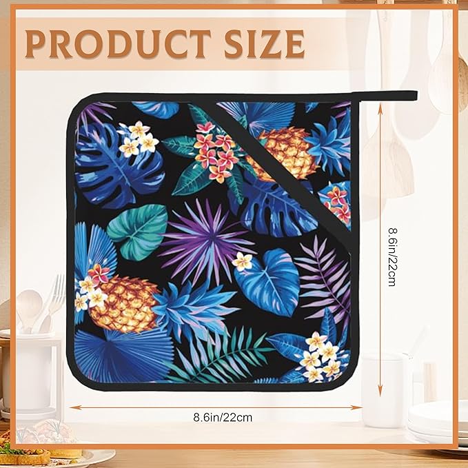 2PCS Hawaiian Pot Holder with Loop,Tropical Palm Leaves and Flowers Heat Resistant Oven Pads, Hot Pat for Kitchen Cooking Baking Food