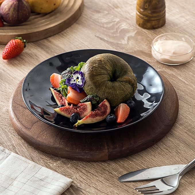 vicrays Ceramic Dessert Salad Plates, 8 Inch, Microwave, Oven, and Dishwasher Safe, Round, Porcelain Fluted Suitable for Snacks, Appetizer, Home, Party, Restaurant - Set of 6 Black