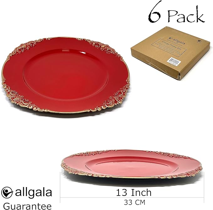 allgala 13-Inch 6-Pack Heavy Quality Round Charger Plates-Floral Red-HD80348