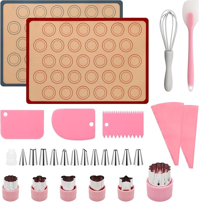 28Pcs Macaron Silicone Baking Mat Kit-2 Sheet Macaron Silicone Baking Mats 11.6"x16.5", 2 Piping Pastry Bag, 12Piping Tip, 1 Coupler, 3 Scraper, 1 Egg Beater, 6 Embossing-Molds Macaron Set