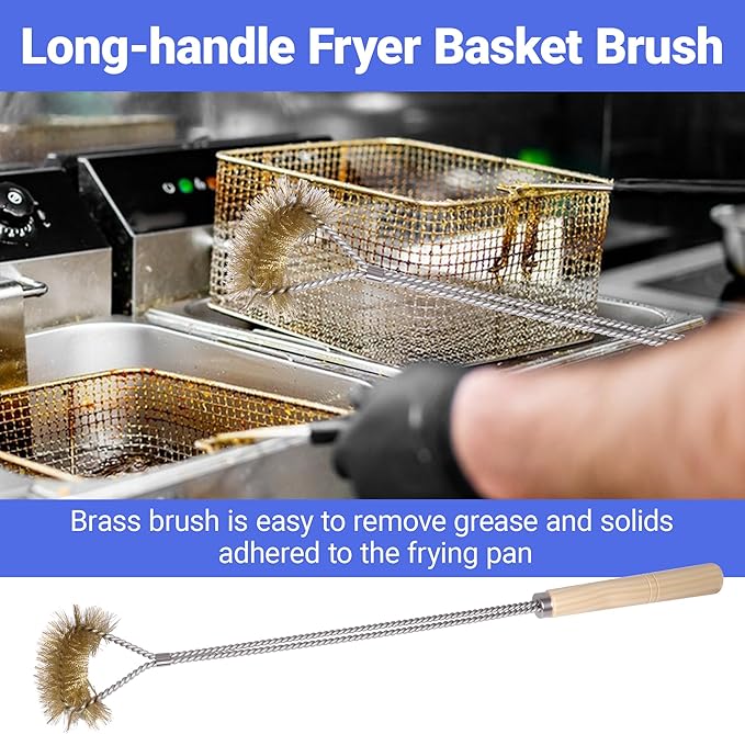 4 PCS Fryer Cleaning Tools with Deep Fryer Brass L-Shaped Brush, Deep Fryer Crumb Scoop, Deep Fryer Cleanout Rod, Long Handle Deep Basket Brush for Restaurants, Air Fryers, Deep Fat Fryers