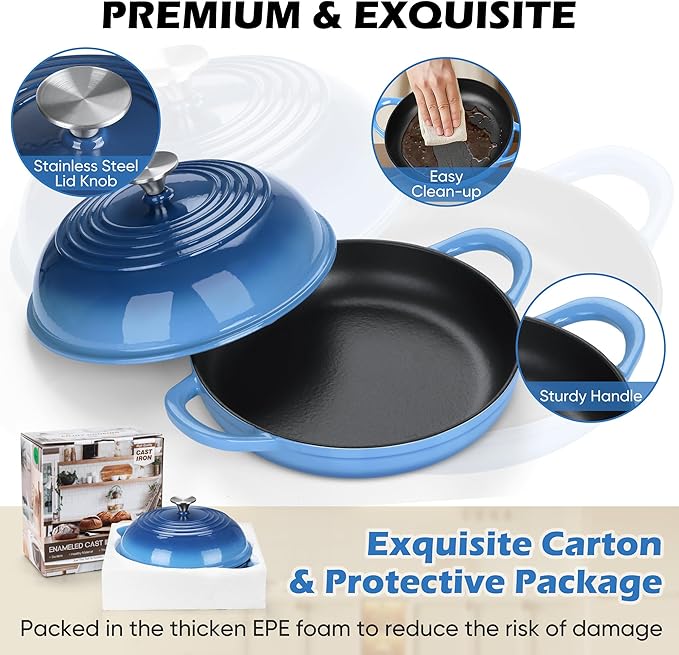 Bread Dutch Oven for Sourdough Baking (5.5 QT), Joyfair Enameled Cast Iron Dutch Oven Pot with Lid, Sourdough Bread Pan with Heavy Duty Dual Handles, Non-Stick & Even Heat, Oven-safe up to 500°F, Blue