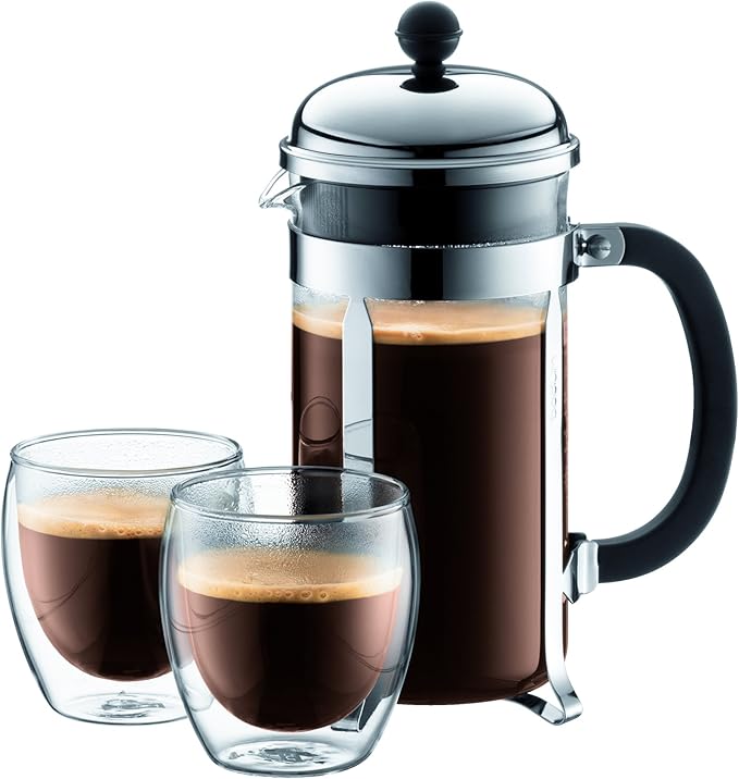 Bodum 34oz Chambord French Press Coffee Maker, High-Heat Borosilicate Glass, Brushed Stainless Steel – Made in Portugal