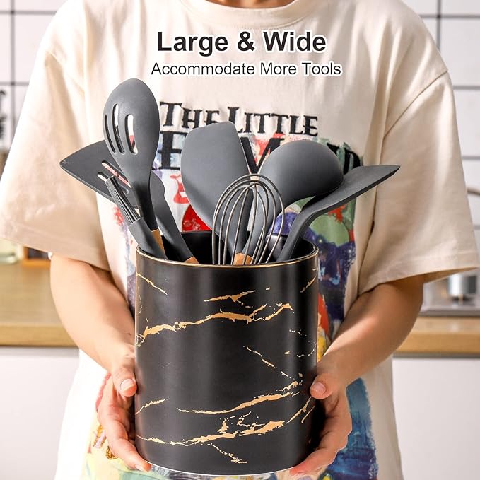 7.2 inch Large Utensil Holder for Kitchen Counter, Golden Marble Utensil Crock Spatula Holder for Countertop Cooking Tools Storage Caddy Farmhouse Kitchen Decor (Marble-Black)