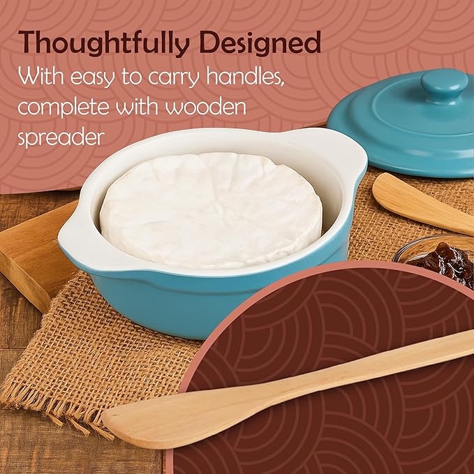 Muldale Brie Baker with Lid and Spreader - Camembert Baker Crock in Blue - Free from Lead Ceramic Baking Dish - 5.5” - Fits Standard Camembert Wheel
