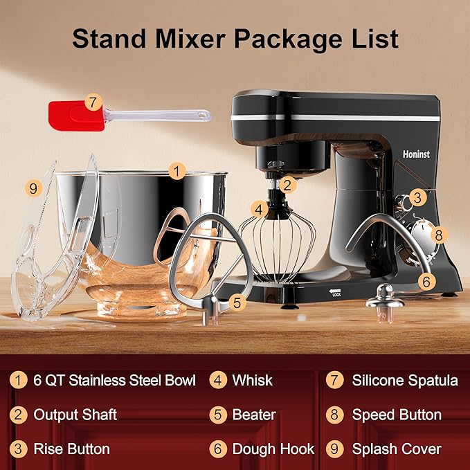 10-Speed Stand Mixer with 8-in-1 Splash Guard, Tilt-Head, 6QT Stainless Steel Bowl + Dishwasher-Safe Dough Hook/Whisk/Beater/Spatula for Baking Bread, Cakes, Cookies, Black