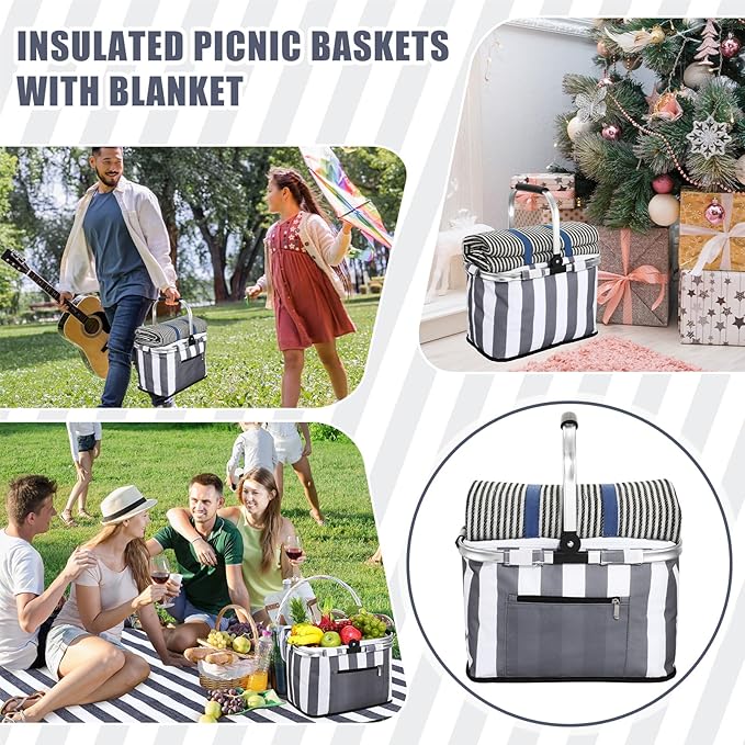 35L Large Insulated Picnic Basket with Blankets Kit Shopping Basket Cooler Bag Leakproof Collapsible Portable Suitable for Picnic Camping Work Hiking Food Delivery Gifts(Gray Stripes)