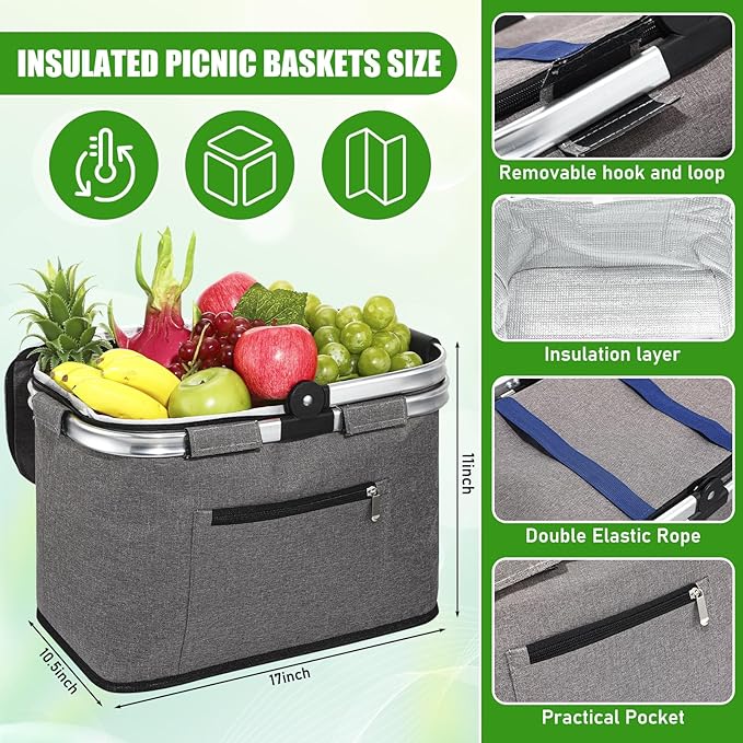 35L Large Insulated Picnic Basket with Blankets Kit Shopping Basket Cooler Bag Leakproof Collapsible Portable Suitable for Picnic Camping Work Hiking Food Delivery Gifts (Grey)