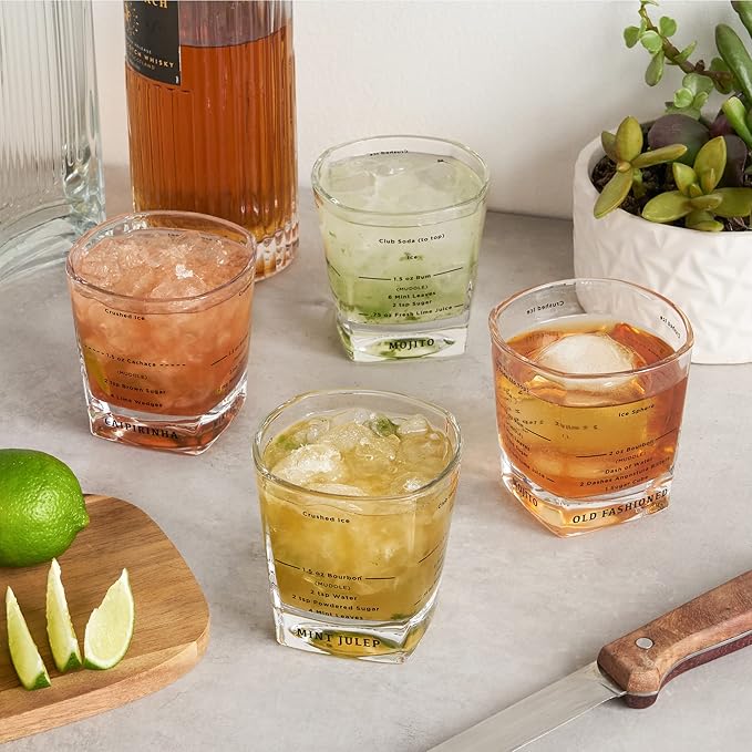 TRUE Cocktail Rocks Glasses with Recipes for Old Fashioned, Mojito, Mint Julep & Caipirinha, Old Fashioned Glasses, Bar Glassware, 8.5 oz, Set of 4