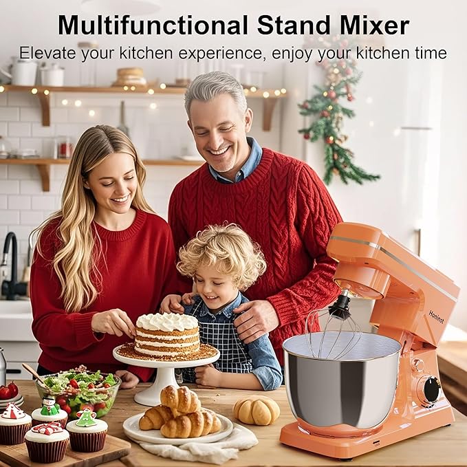 10-Speed Stand Mixer with 8-in-1 Splash Guard, Tilt-Head, 6QT Stainless Steel Bowl+Dishwasher-Safe Dough Hook/Whisk/Beater/Spatula for Baking Bread, Cakes, Cookies, Orange