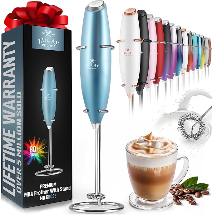 Zulay Kitchen Powerful Milk Frother Wand - Ultra Fast Handheld Drink Mixer - Electric Whisk Foam Maker for Coffee, Lattes, Cappuccino, Frappe, Matcha & Coffee Creamer - Milk Boss Metallic Ice Blue