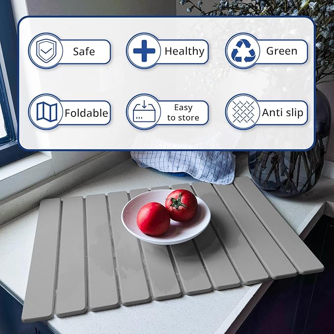 Large Stone Dish Drying Mat for Kitchen Counter, 24"×16" Quick Dry Collapsible Diatomaceous Earth Mat – Super Absorbent Foldable Drying Pad for Dishes (Light Gray, 23.2" x 15.4")