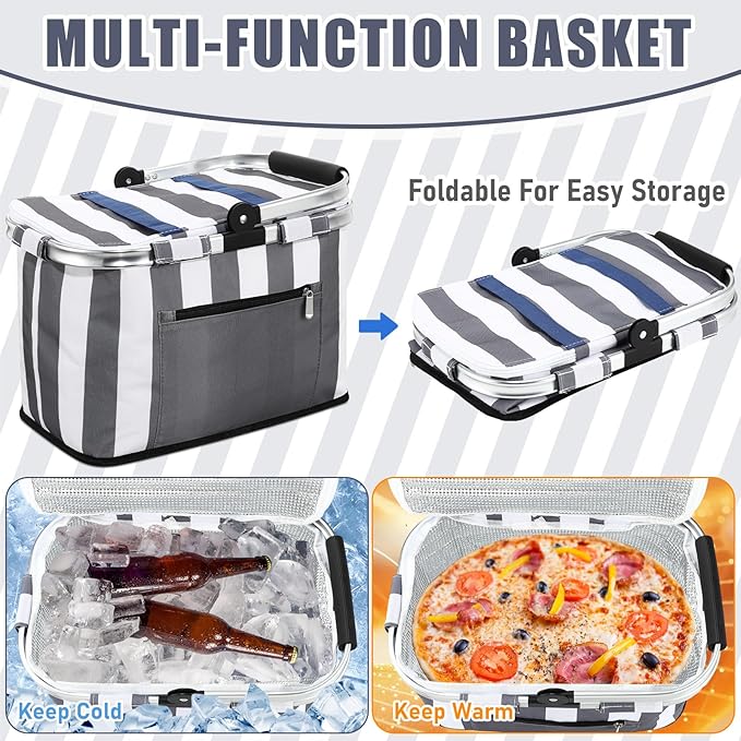 35L Large Insulated Picnic Basket with Blankets Kit Shopping Basket Cooler Bag Leakproof Collapsible Portable Suitable for Picnic Camping Work Hiking Food Delivery Gifts(Gray Stripes)