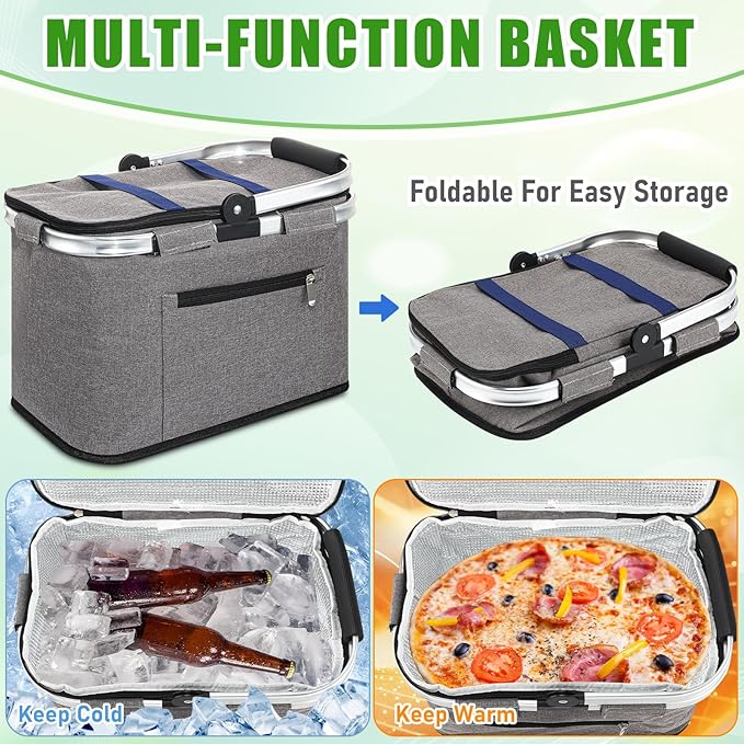 35L Large Insulated Picnic Basket with Blankets Kit Shopping Basket Cooler Bag Leakproof Collapsible Portable Suitable for Picnic Camping Work Hiking Food Delivery Gifts (Grey)