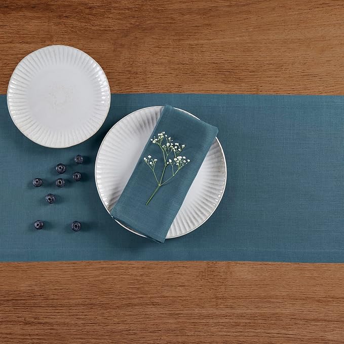 Solino Home Peacock Blue Table Runner 36 Inches - 100% Pure Linen Short Table Runner 14 x 36 Inch Ideal for Dresser and Coffee Tables - Summer - Fete
