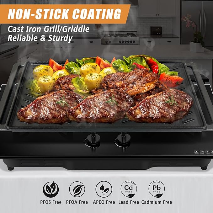 SafBbcue Reversible Cast Iron Grill Griddle Plate for Most Gas Grill Wood Pellet 19" x 9.5", Replace for CCP-2000 Ribbed Grill & Smooth Flat Top Griddle, Heavy Duty Cast Iron, Outdoor Indoor