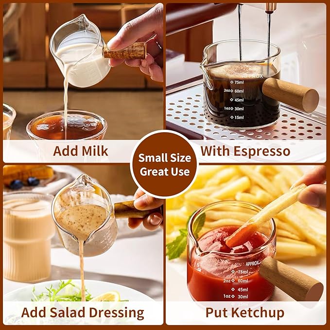 YARRAMATE 3.4oz Espresso Cups with Wood Handle, Clear Glass Espresso Accessories, Double Spout Measuring Cup with Dual Scale, Espresso Shot Glass with V-Shaped Spout