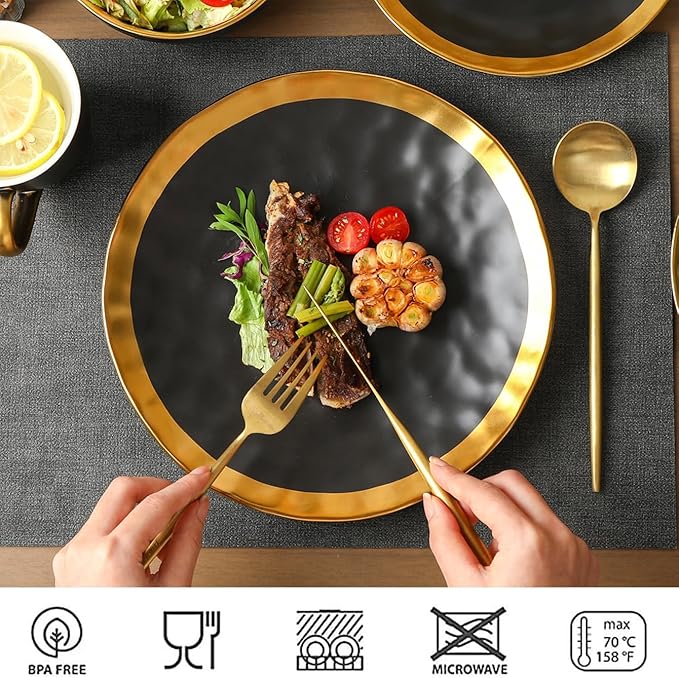 vicrays Ceramic Dinner Plates Set, 10 Inch, Set of 6, Round, Dishwasher Safe, NOT Microwave Safe, Suitable for Steak, Pasta, Home, Party, Restaurant（Black with Golden）