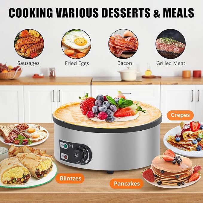 16" Commercial Electric Crepe Maker - 1500W Pancake Maker Griddle Nonstick Plate & Stainless Steel Round Base - Adjustable Temp Control 110V Electric Crepe Machine for Blintzes Eggs Bacon