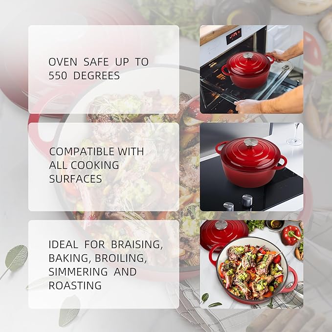 3 Quart Dutch Oven Enameled Cast Iron with Lid - Big Dual Handles - Oven Safe up to 500°F - Classic Round Pot for Versatile Cooking Red