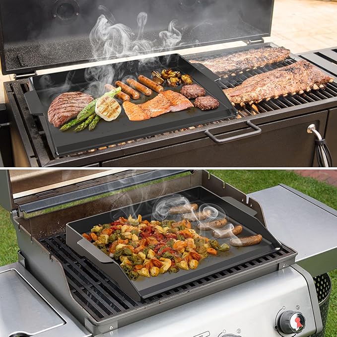 Onlyfire Universal Cast Iron Cooking Griddle, Pre-Seasoned Nonstick Coating Griddle Flat Top Grill Plate with Extra High Sidewalls for All Gas Grills and 4 Burner Range Oven, 23" x 16"