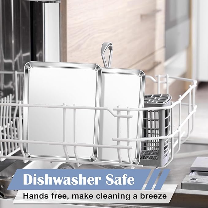 E-far Stainless Steel Baking Sheets, 12.4” x9.7” x 1” Baking Cookie Sheets Pans for Oven, Non-toxic Metal Trays for Cake Cookies, Healthy & Rust Free, Mirror Finish & Dishwasher Safe, 2 Pack