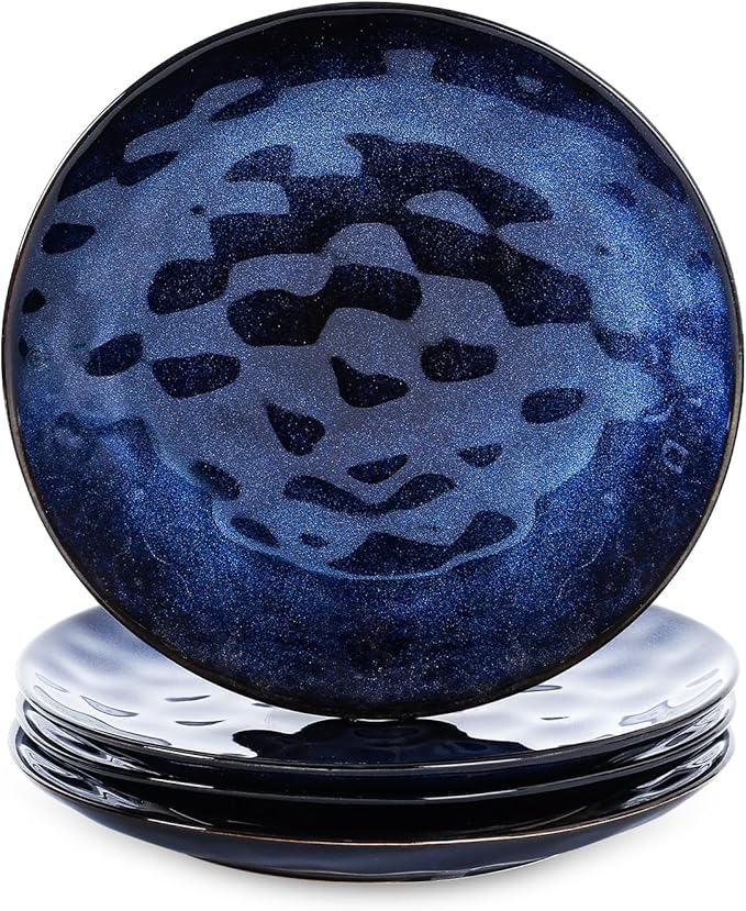 vicrays Ceramic Dessert Salad Plates, 8 Inch, Set of 4, Round, Microwave, Oven, and Dishwasher Safe, Scratch Resistant, Porcelain Fluted Suitable for Snacks, Appetizer, Home, Restaurant (Blue)