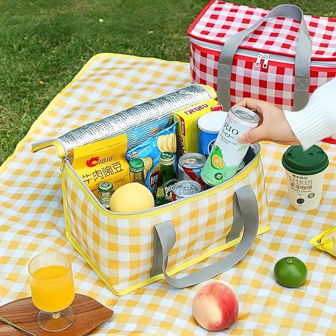 2pcs Insulated Reusable Food Picnic Bag Beach Bags, Beach Bag Cooler Bags with Zippered Top - Insulated Bag for Hot or Cold,Picnic Basket Collapsible, Outdoor Party, Camping,Festivals (B)
